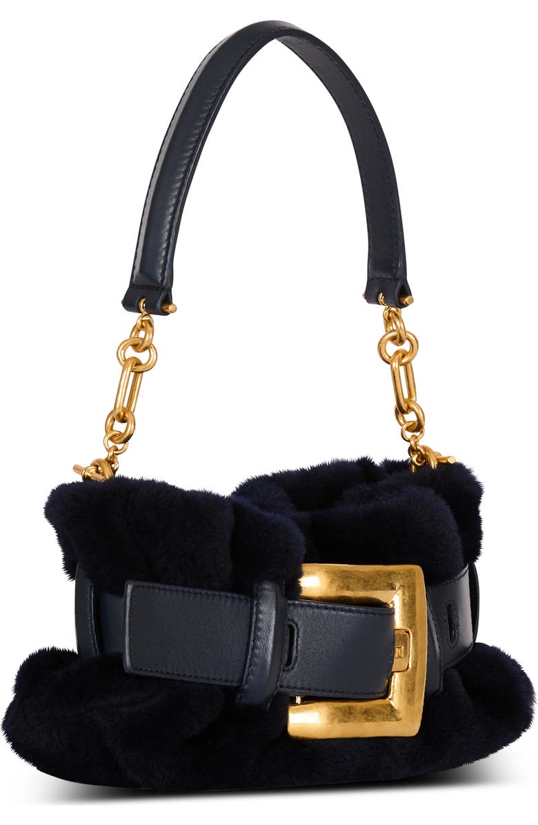 Balmain Mini Anthem Genuine Shearling Shoulder Bag, Alternate, color, Raven