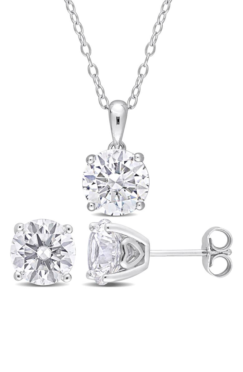 DELMAR Sterling Silver Round Lab Created White Sapphire Stud Earrings & Necklace Set, Main, color, Silver
