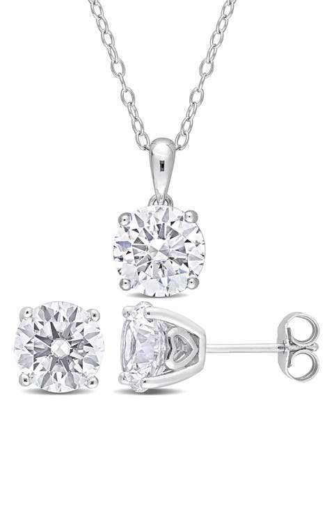 Sterling Silver Round Lab Created White Sapphire Stud Earrings & Necklace Set