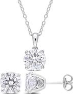 DELMAR Sterling Silver Round Lab Created White Sapphire Stud Earrings & Necklace Set