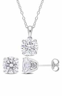DELMAR Sterling Silver Round Lab Created White Sapphire Stud Earrings & Necklace Set