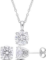 DELMAR Sterling Silver Round Lab Created White Sapphire Stud Earrings & Necklace Set