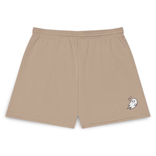 Dalix Womens Heartly Ghost Embroidered Fleece Short Sweats In Tan