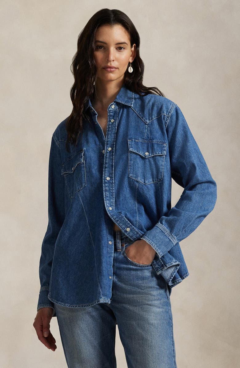 Polo Ralph Lauren Denim Trapeze Western Shirt, Alternate, color, Nisku Wash