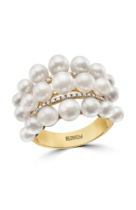 14K Yellow Gold Freshwater Pearl Diamond Bubble Ring