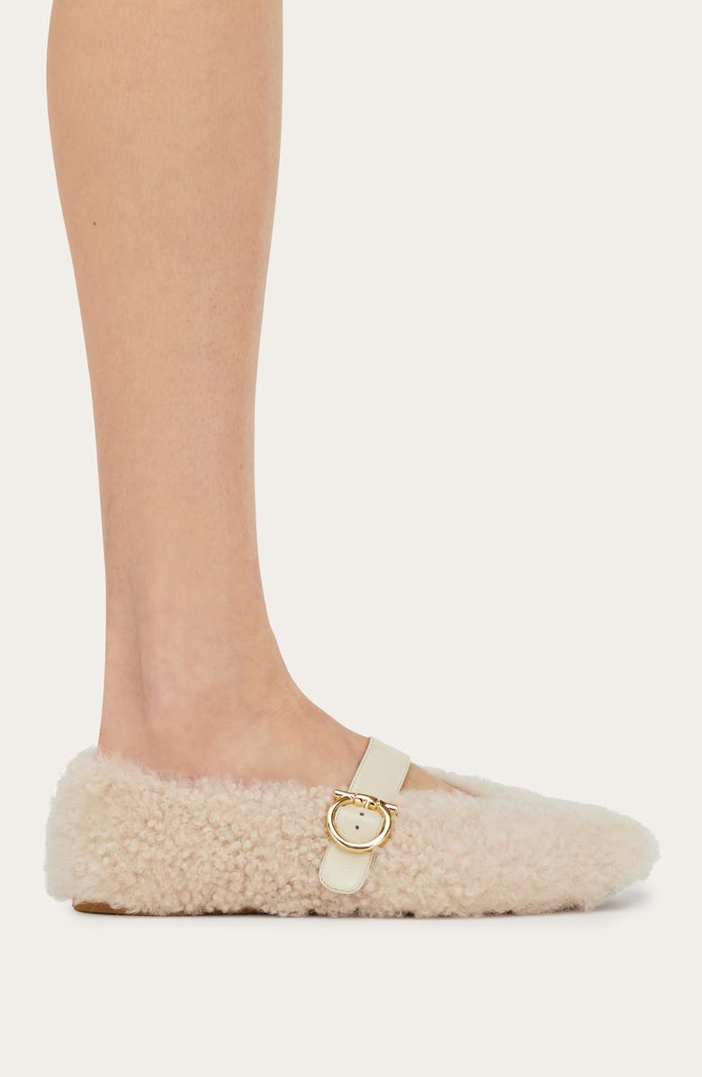FERRAGAMO Gancio Genuine Shearling Ballet Flat, Alternate, color, Merinillo Carino Mascarpone