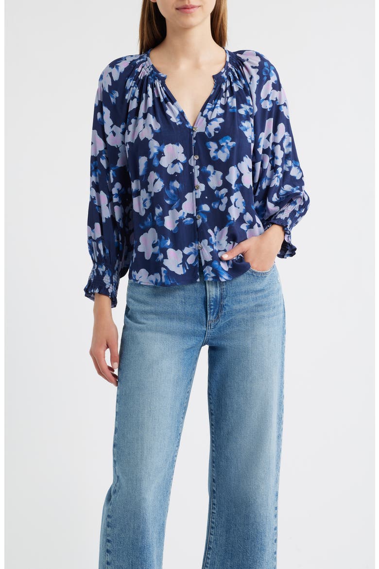 Mariah Floral Smocked Button-Up Peasant Top, Main, color, MIDNIGHT PEONY