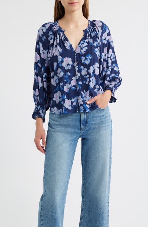 Mariah Floral Smocked Button-Up Peasant Top