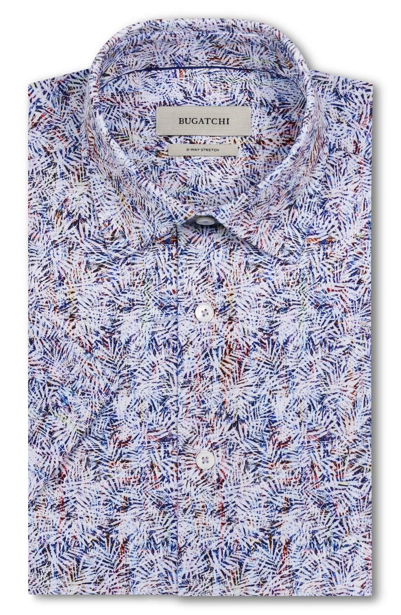 Bugatchi Miles OoohCotton<sup>®</sup> Tropical Leaf Print Short Sleeve Button-Up Shirt, Alternate, color, Iris