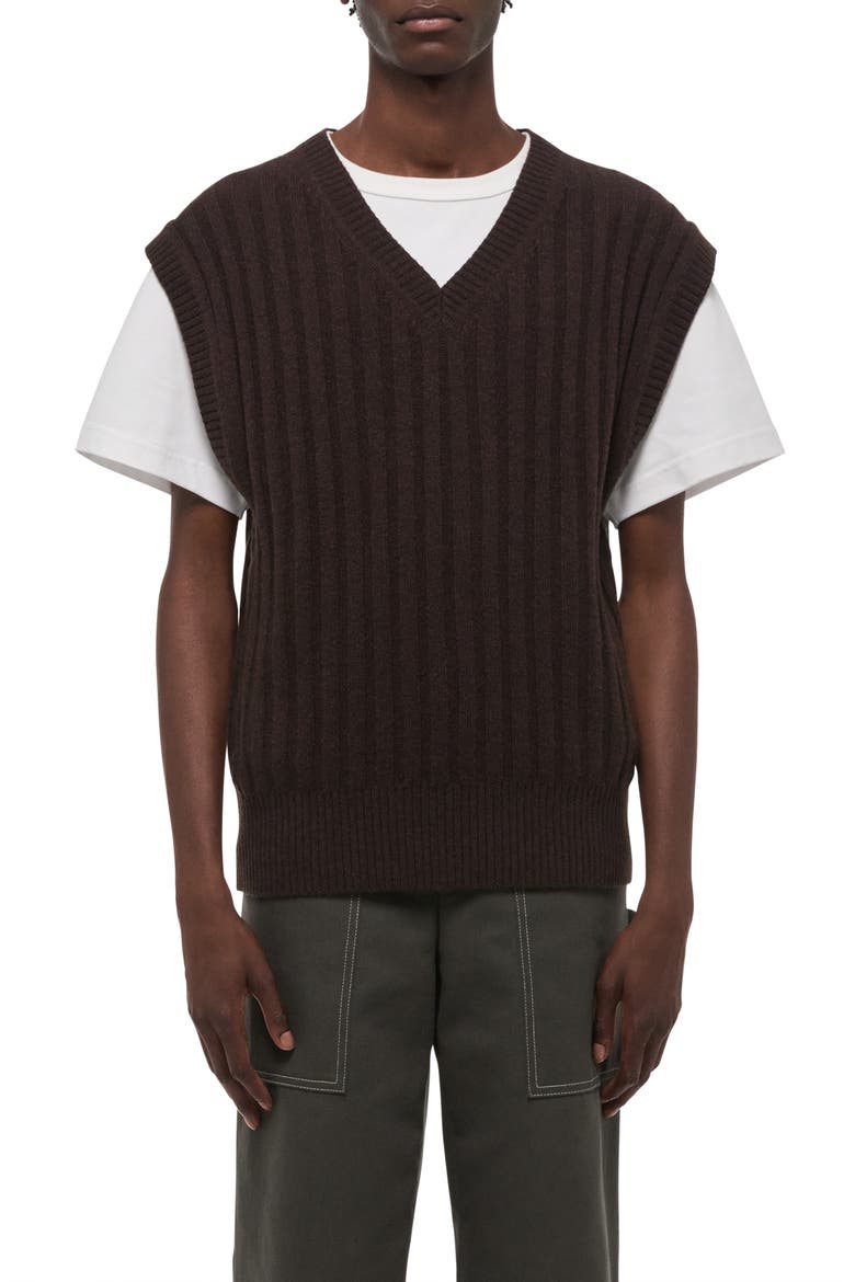 Zephir Oversize V-Neck Ribbed Wool Blend Sweater Vest, Main, color, DARK BROWN