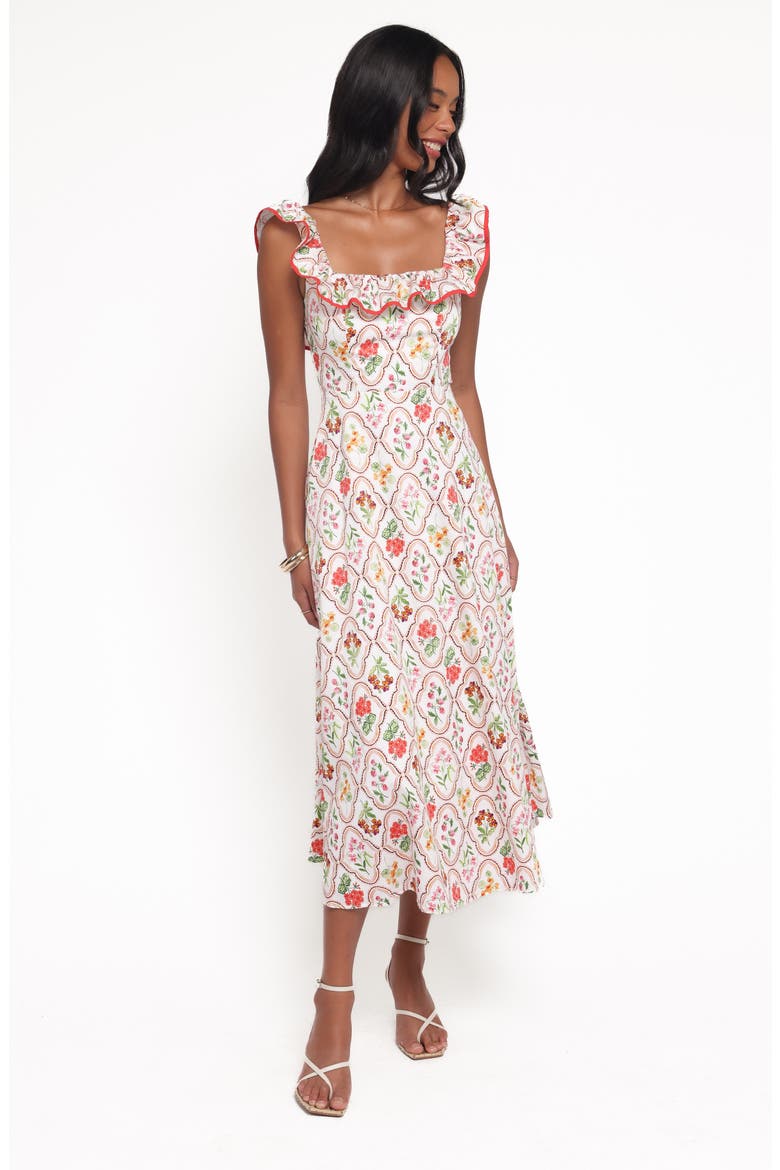 Lucille Floral Ruffle Cotton Midi Dress, Alternate, color, CORAL WILDFLOWER