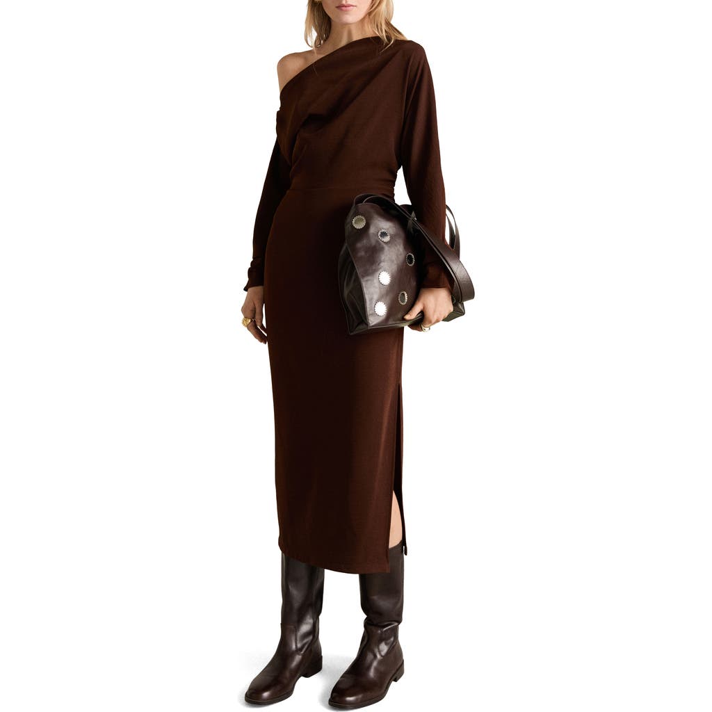 Mango One-shoulder Long Sleeve Crepe Maxi Dress In Brown