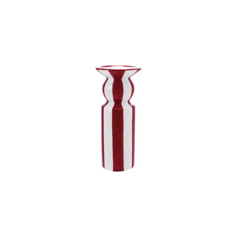 Tall Hand-Painted Ceramic Striped Taper Holder, Red and White