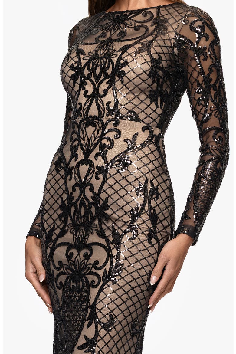 Sequin Placement Long Sleeve Gown, Alternate, color, BLACK/ NUDE
