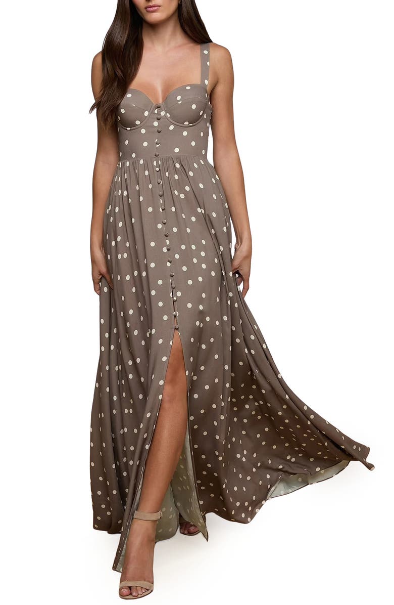 L'AGENCE Rosette Dot Sleeveless Maxi Dress, Main, color, Cardamom/ Ecru Polka Dot