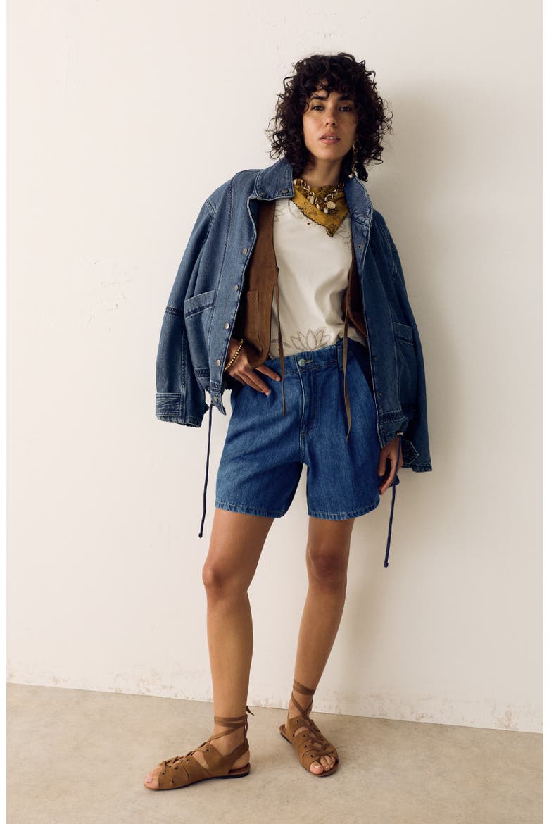Pleated Denim Shorts, Alternate, color, MEDIUM INDIGO BLUE