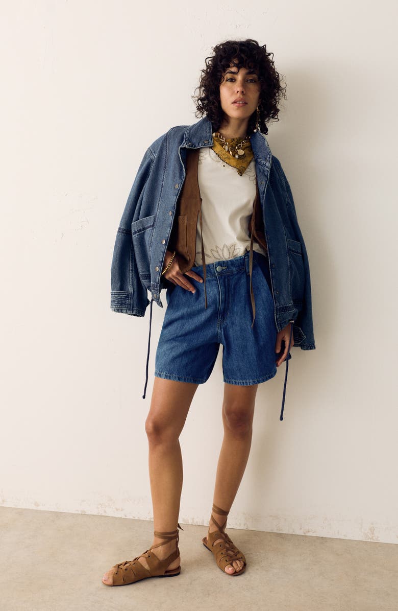PER UNA BY M&S Pleated Denim Shorts, Alternate, color, Medium Indigo Blue
