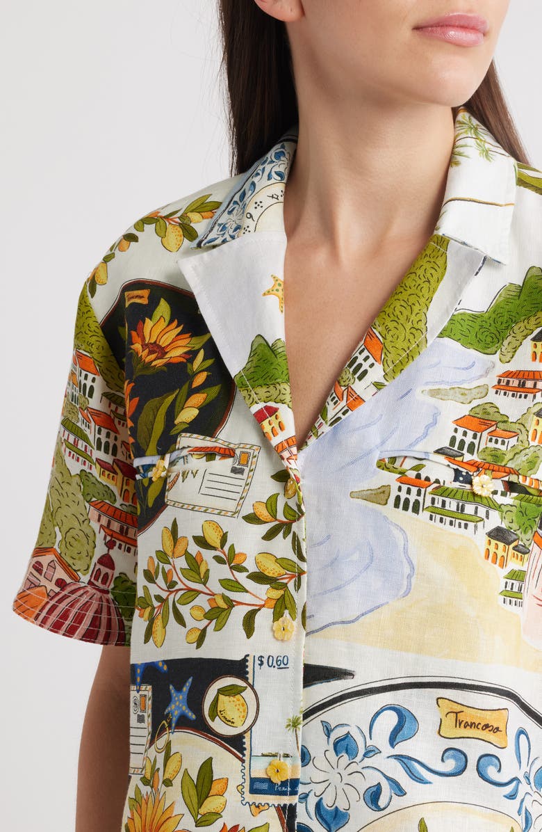 FARM Rio Latin Trip Scarves Crop Linen Button-Up Shirt, Alternate, color, Off-White