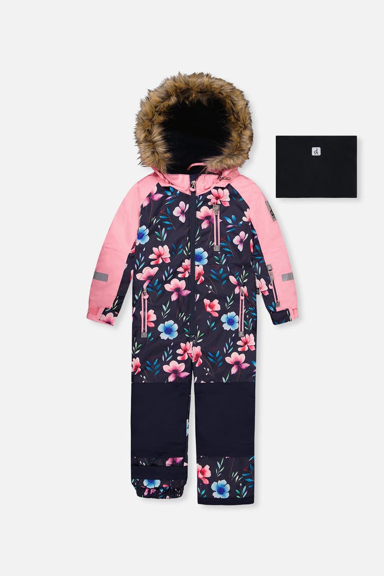 Play Floral Faux Fur Hood & One Piece Snowsuit, Main, color, Blue Floral Print