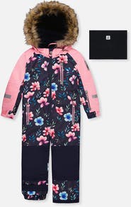 Deux par Deux Play Floral Faux Fur Hood & One Piece Snowsuit