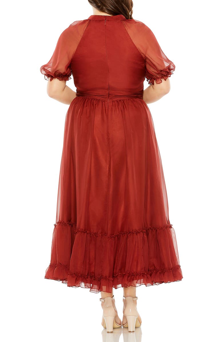 Mac Duggal Sheer Puff Sleeve Tea Length Gown, Alternate, color, Redwood