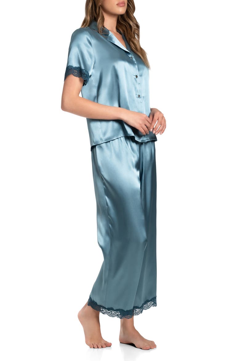 Lace Trim Satin Pajamas, Alternate, color, MINERAL BLUE