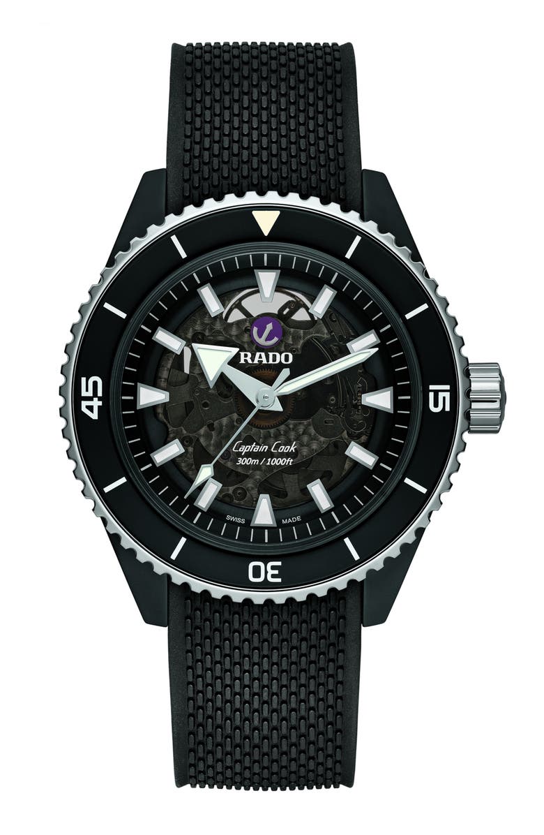 RADO Captain Cook Open Heart High Tech Ceramic Automatic Rubber Strap Watch, 43mm, Main, color, 