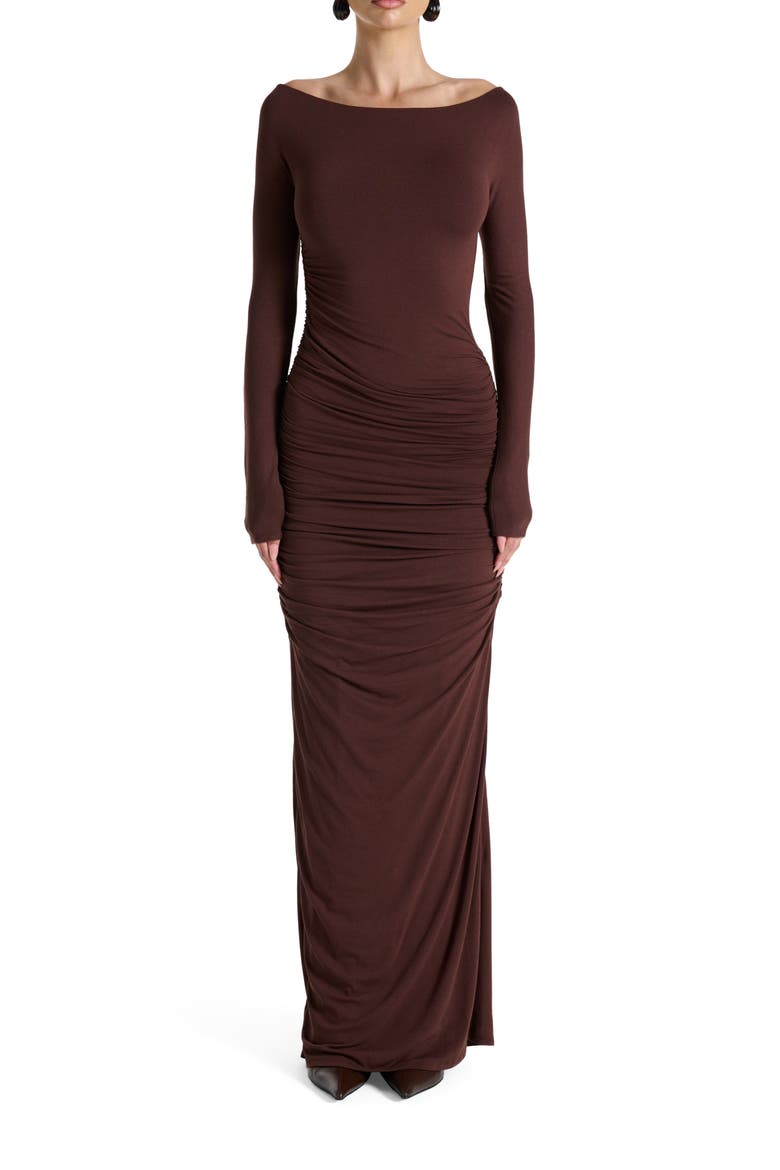 Off the Shoulder Long Sleeve Body-Con Maxi Dress, Main, color, CHOCOLATE