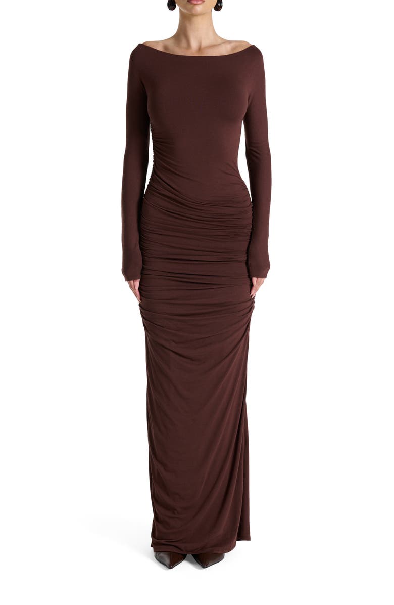 Naked Wardrobe Off the Shoulder Long Sleeve Body-Con Maxi Dress, Main, color, Chocolate