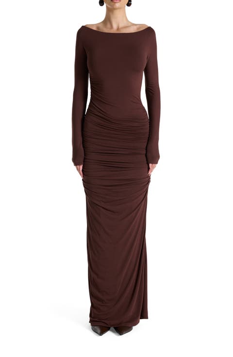 Off the Shoulder Long Sleeve Body-Con Maxi Dress