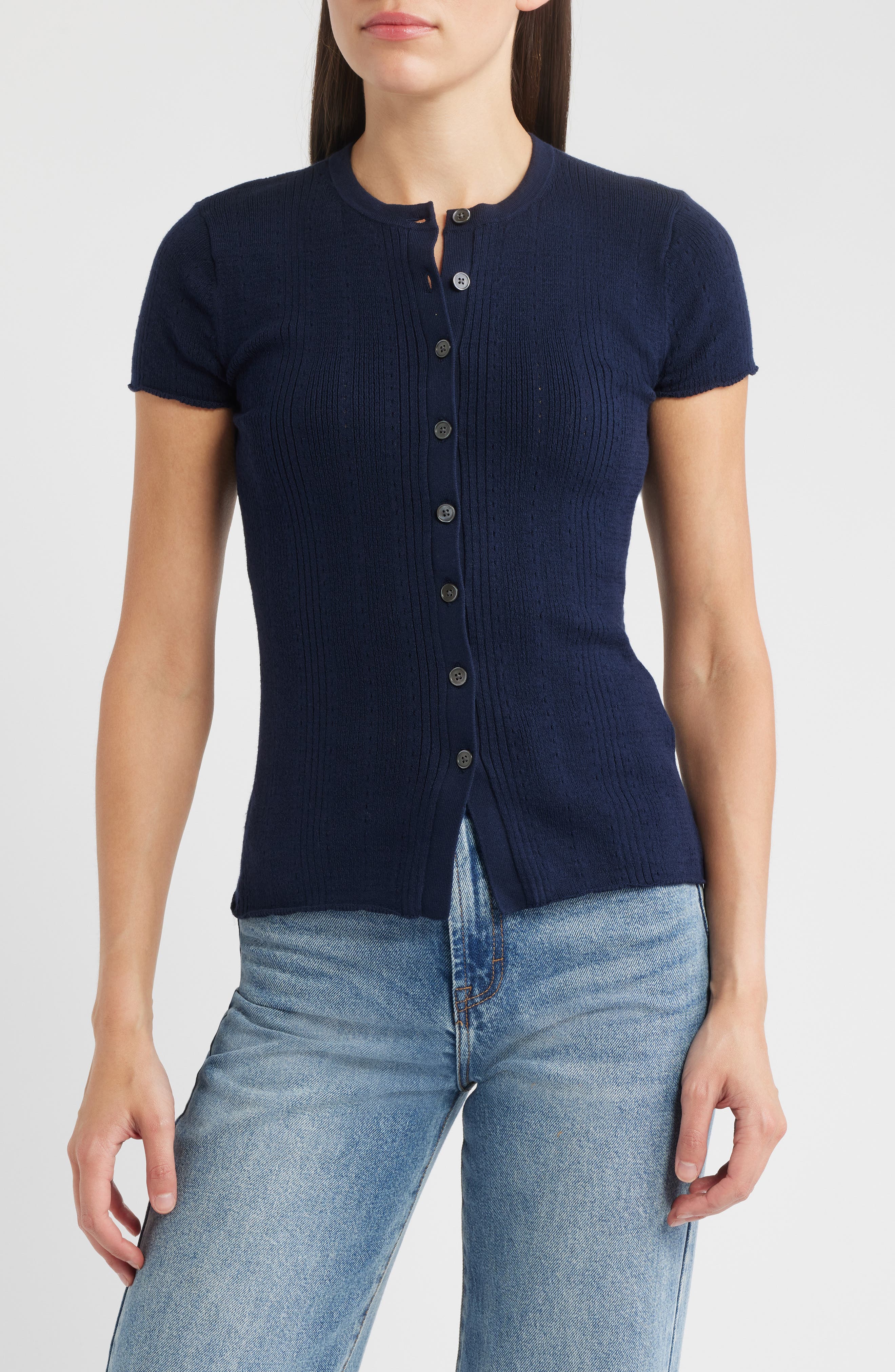 Madewell Short Sleeve Pointelle Cotton Blend Cardigan