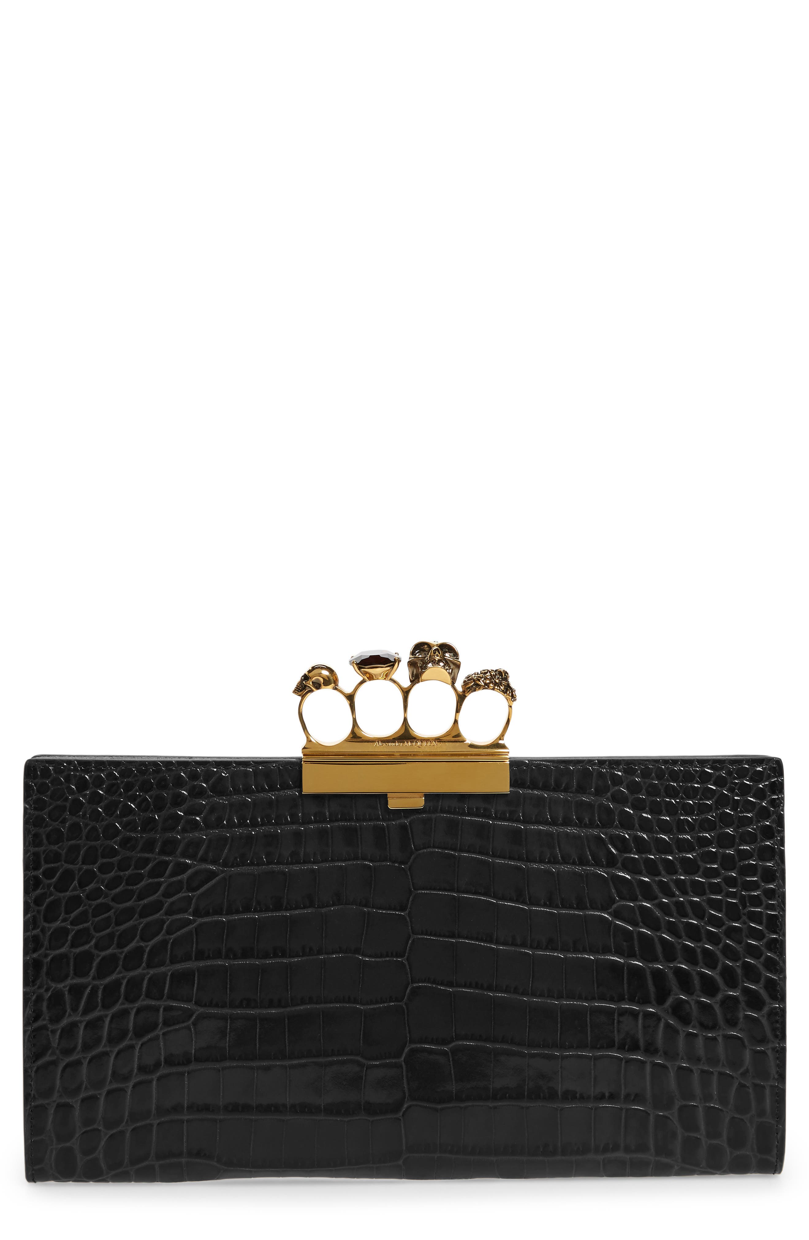 McQueen Alexander McQueen Croc Embossed Leather Knuckle Clutch, Main, color, 