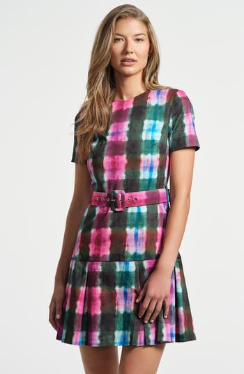 Tie Dye Pleated Belted Drop Waist Stretch Cotton Minidress