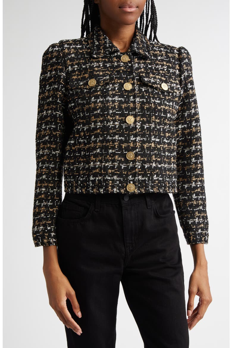 Kasey Metallic Puff Shoulder Bracelet Sleeve Tweed Blazer, Alternate, color, BLACK/ TAN TWEED