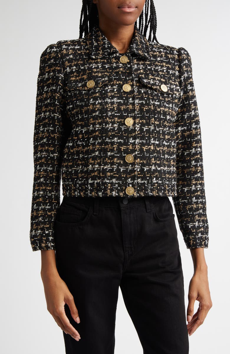 L'AGENCE Kasey Metallic Puff Shoulder Bracelet Sleeve Tweed Blazer, Alternate, color,