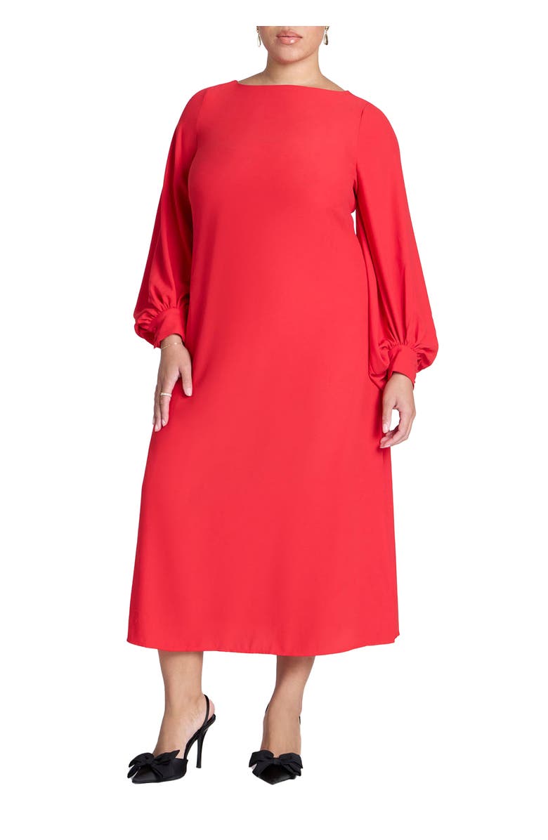 ELOQUII Puff Sleeve Open Back Midi Dress, Main, color, Patrol Red