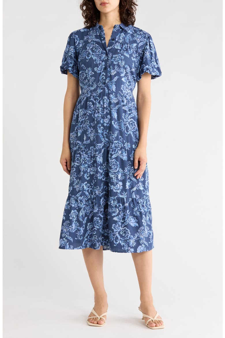 Puff Sleeve Tiered Shirtdress, Main, color, NAVY FLORAL