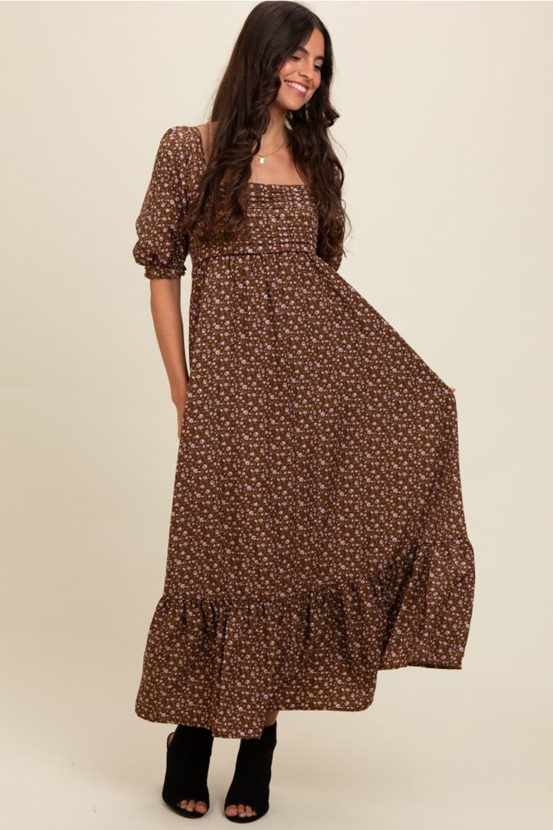 Floral Pleated Bodice Maxi Dress, Alternate, color, Mocha