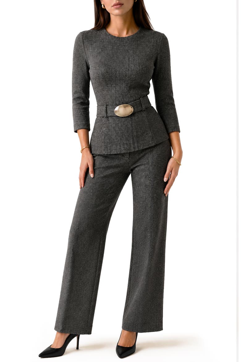 Stef Belted Three-Quarter Sleeve Top, Alternate, color, BW HERRINGBONE