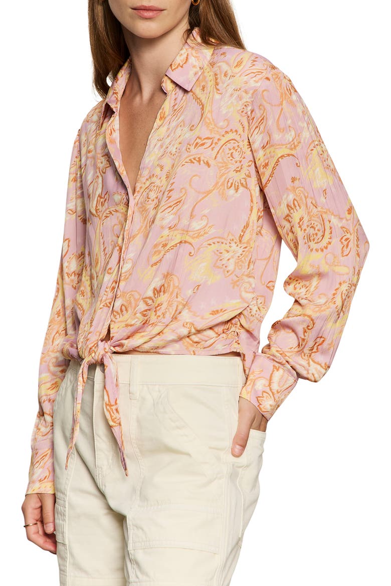 Lover Print Tie Hem Crop Sateen Shirt, Alternate, color, WHIMSY WHIM