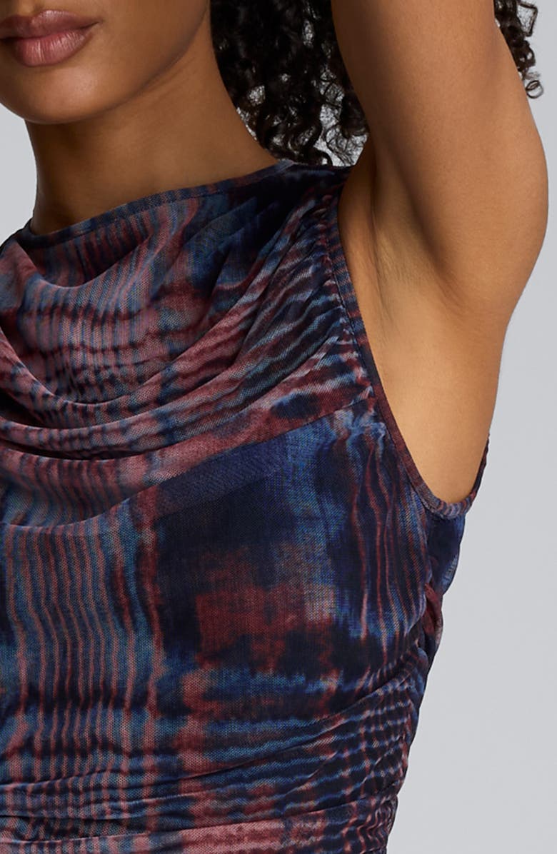 Kenneth Cole Abstract Print Ruched Mesh Midi Dress, Alternate, color, 