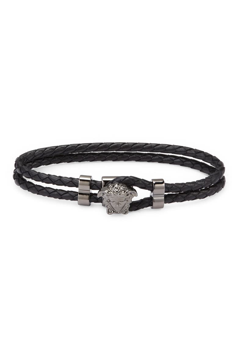 Medusa Braided Leather Bracelet, Main, color, BLACK/ SILVER
