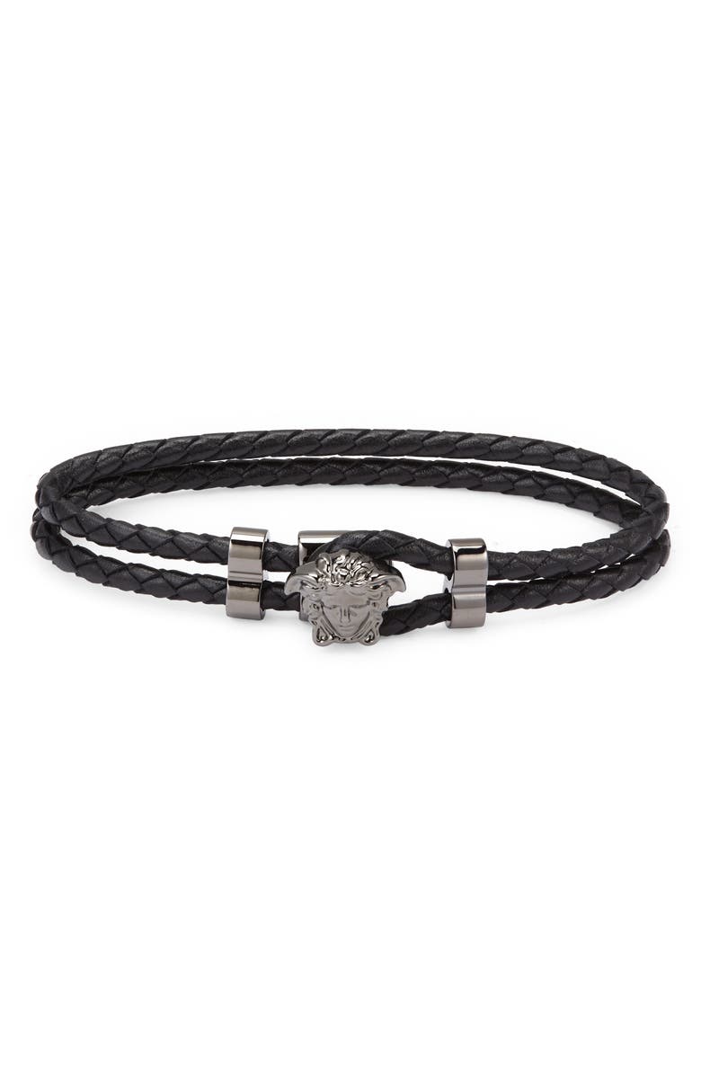 Versace Medusa Braided Leather Bracelet, Main, color, Black/ Silver