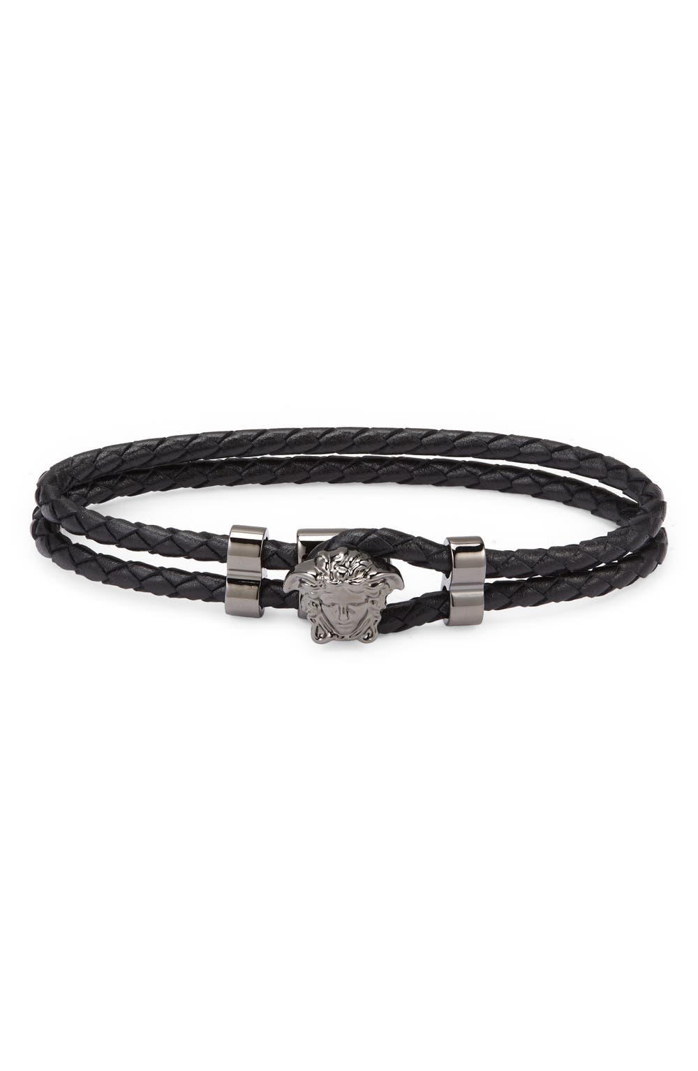 Medusa Braided Leather Bracelet, color, BLACK/ SILVER