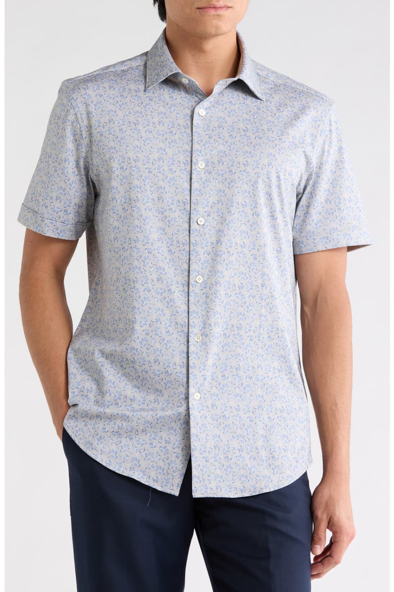 Floral Short Sleeve Stretch Cotton Button-Up Shirt, Main, color, SAND