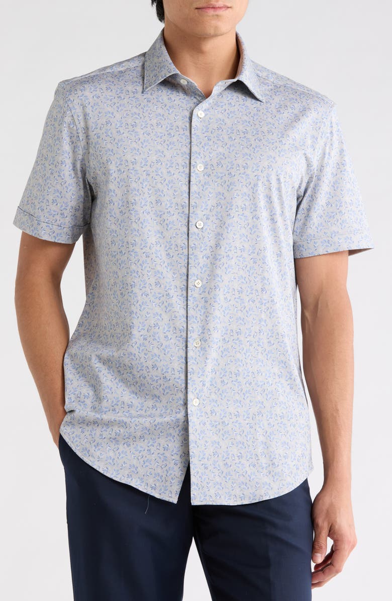 Bugatchi Floral Short Sleeve Stretch Cotton Button-Up Shirt, Main, color, Sand