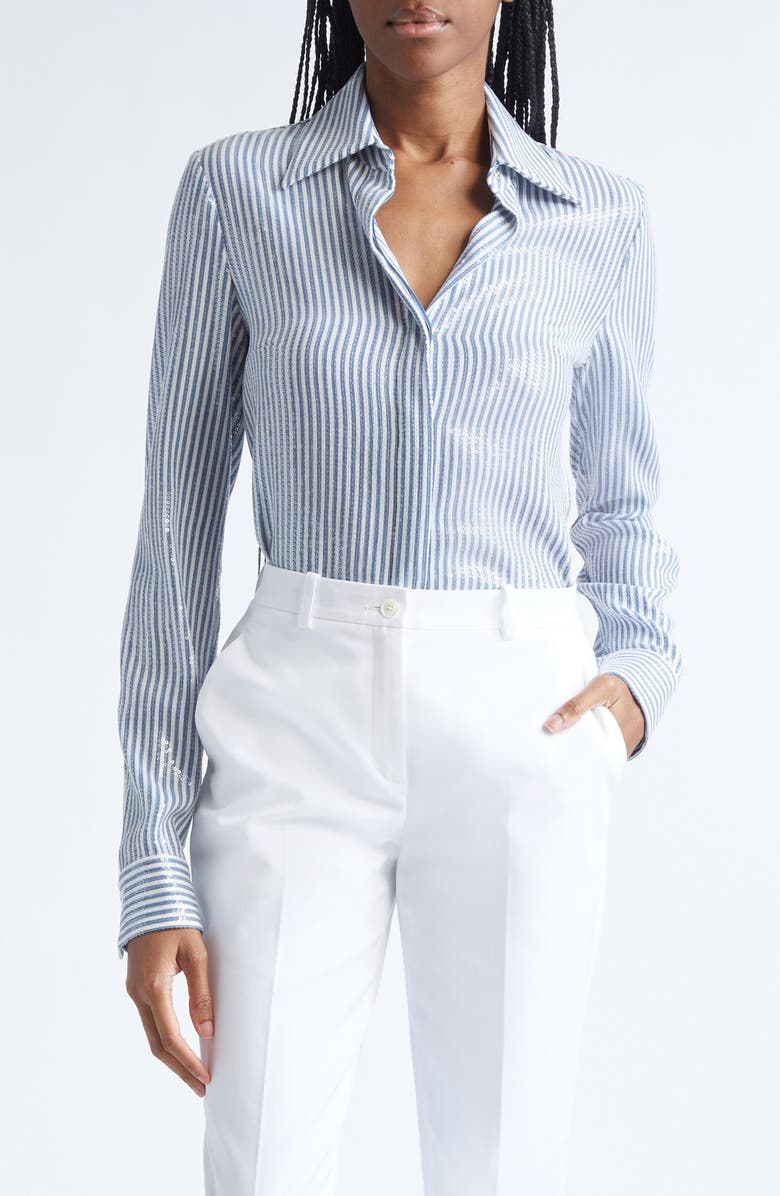 Michael Kors Collection Hansen Sequin Embellished Stripe Silk Button-Up Shirt, Main, color, Steel/ Optic White