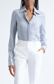 Michael Kors Collection Hansen Sequin Embellished Stripe Silk Button-Up Shirt