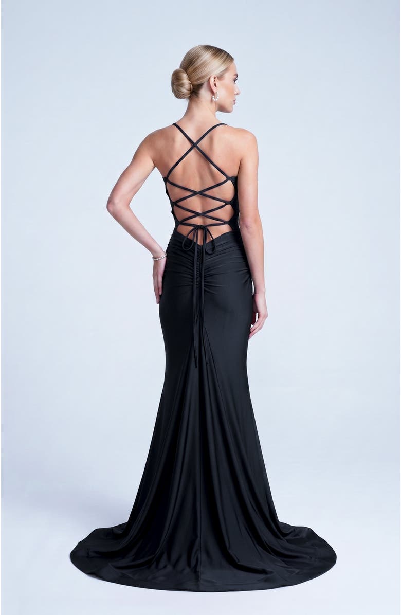 Jessica Angel Ruched Lace-Up Open Back Mermaid Gown, Alternate, color, Black