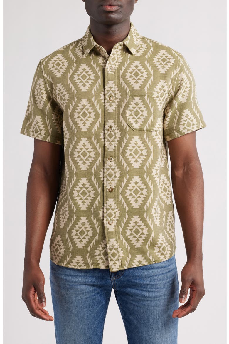 Gateway Print Short Sleeve Cotton Button-Up Shirt, Main, color, CASCADIA GREEN